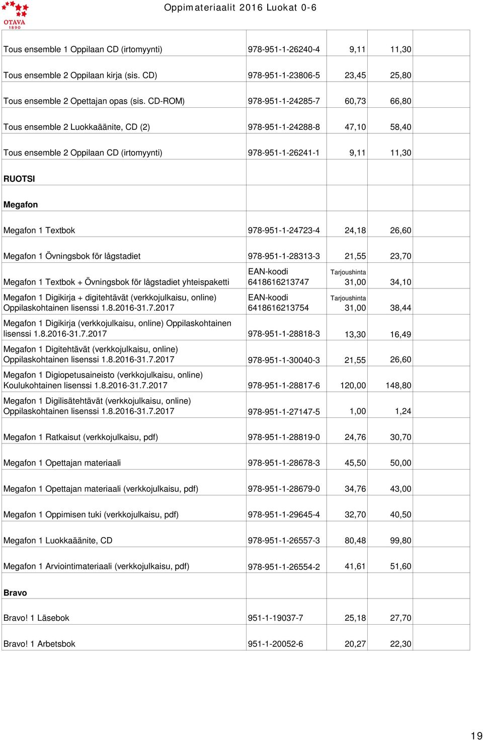 Textbok 978-951-1-24723-4 24,18 26,60 Megafon 1 Övningsbok för lågstadiet 978-951-1-28313-3 21,55 23,70 Megafon 1 Textbok + Övningsbok för lågstadiet yhteispaketti Megafon 1 Digikirja + digitehtävät