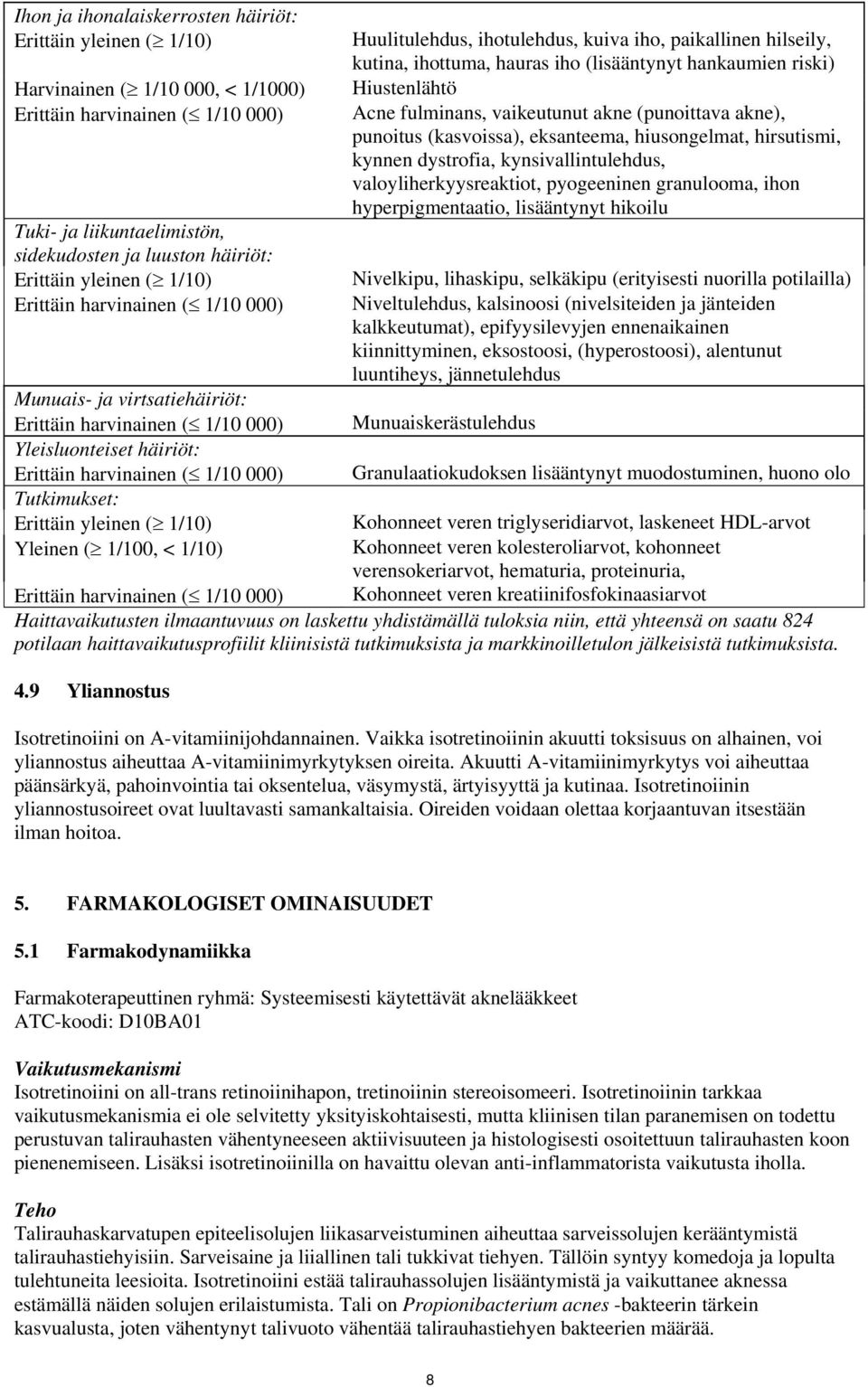 (lisääntynyt hankaumien riski) Hiustenlähtö Acne fulminans, vaikeutunut akne (punoittava akne), punoitus (kasvoissa), eksanteema, hiusongelmat, hirsutismi, kynnen dystrofia, kynsivallintulehdus,