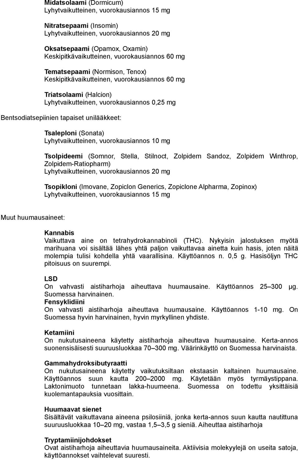 Tsaleploni (Sonata) Lyhytvaikutteinen, vuorokausiannos 10 mg Tsolpideemi (Somnor, Stella, Stilnoct, Zolpidem Sandoz, Zolpidem Winthrop, Zolpidem-Ratiopharm) Lyhytvaikutteinen, vuorokausiannos 20 mg