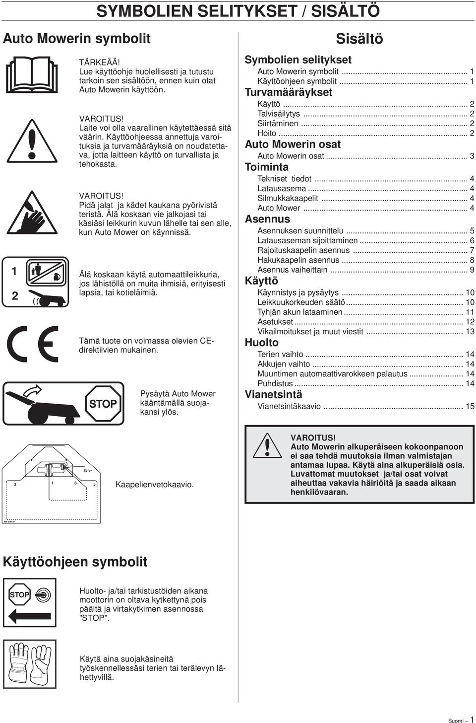 Pidä jalat ja kädet kaukana pyörivistä teristä. Älä koskaan vie jalkojasi tai käsiäsi leikkurin kuvun lähelle tai sen alle, kun Auto Mower on käynnissä.