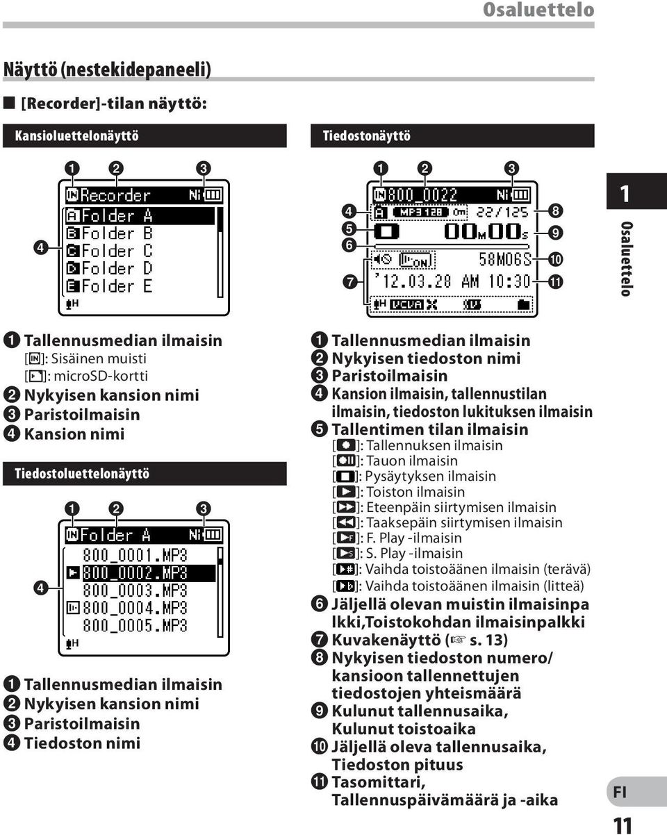 Nykyisen kansion nimi 3 Paristoilmaisin 4 Tiedoston nimi 1 Tallennusmedian ilmaisin 2 Nykyisen tiedoston nimi 3 Paristoilmaisin 4 Kansion ilmaisin, tallennustilan ilmaisin, tiedoston lukituksen