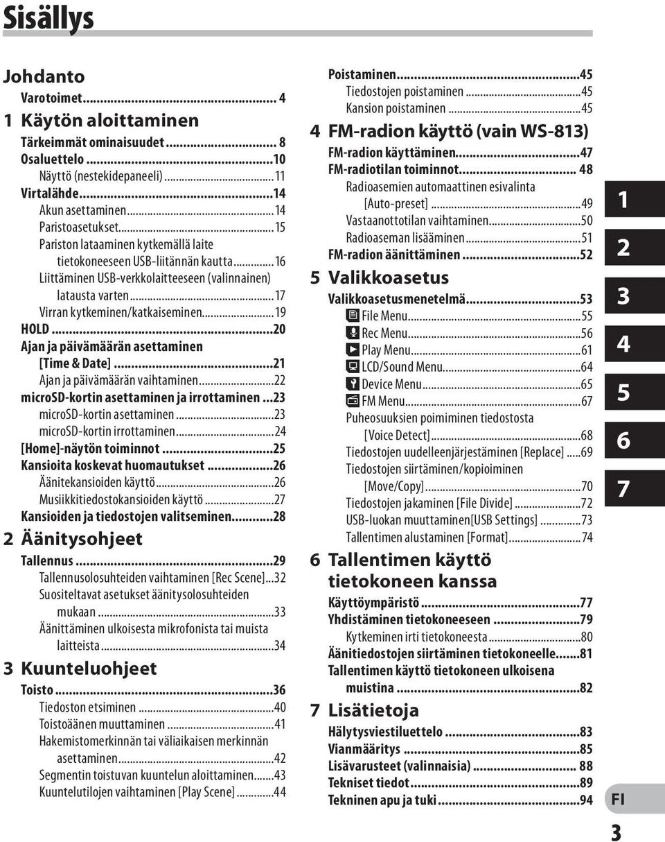 ..20 Ajan ja päivämäärän asettaminen [Time & Date]...21 Ajan ja päivämäärän vaihtaminen...22 microsd-kortin asettaminen ja irrottaminen...23 microsd-kortin asettaminen...23 microsd-kortin irrottaminen.