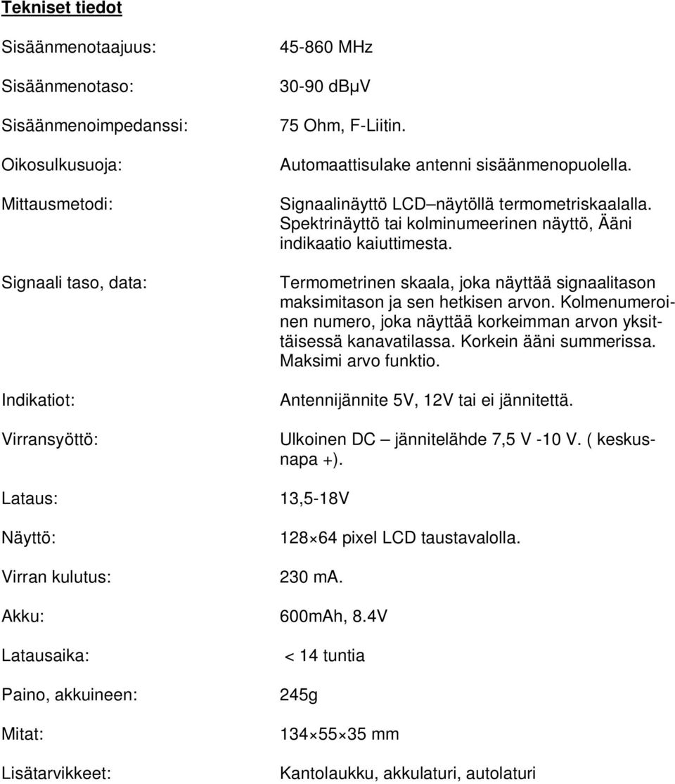 Termometrinen skaala, joka näyttää signaalitason maksimitason ja sen hetkisen arvon. Kolmenumeroinen numero, joka näyttää korkeimman arvon yksittäisessä kanavatilassa. Korkein ääni summerissa.