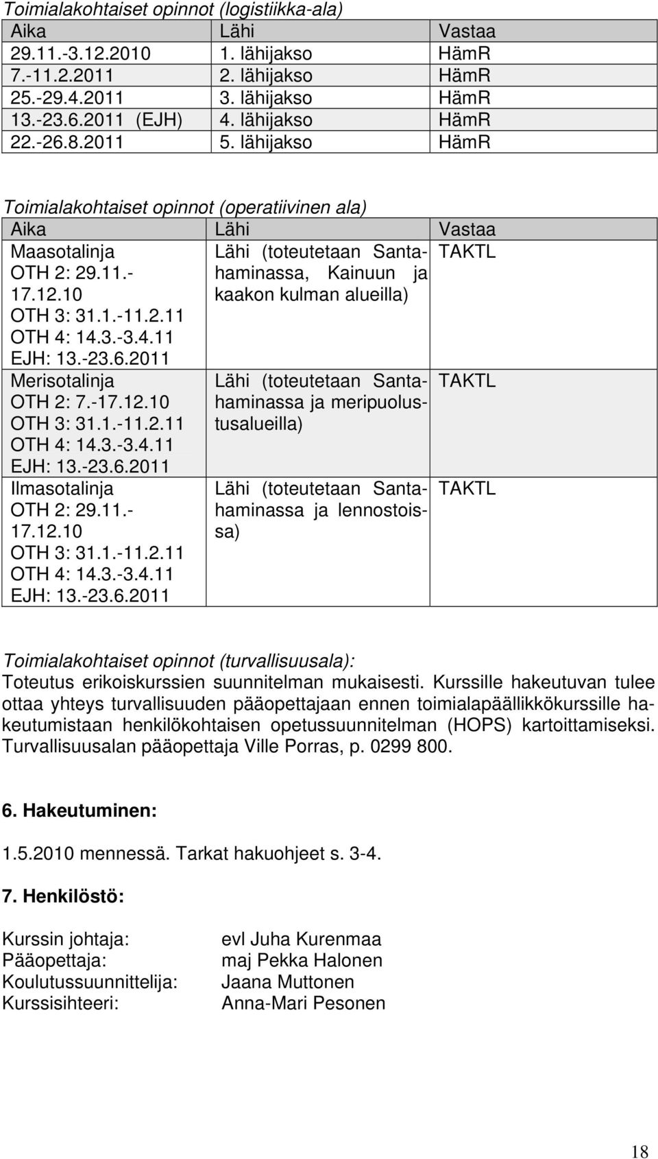 14.3.-3.4.11 Lähi (toteutetaan Santahaminassa, Kainuun ja kaakon kulman alueilla) TAKTL EJH: 13.-23.6.2011 Merisotalinja OTH 2: 7.-17.12.10 OTH 3: 31.1.-11.2.11 OTH 4: 14.3.-3.4.11 EJH: 13.-23.6.2011 Ilmasotalinja OTH 2: 29.