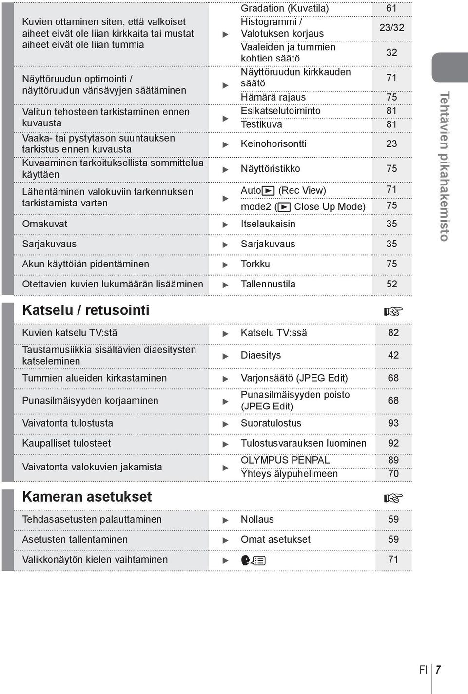 Gradation (Kuvatila) 6 Histogrammi / Valotuksen korjaus / Vaaleiden ja tummien kohtien säätö Näyttöruudun kirkkauden säätö 7 Hämärä rajaus 75 Esikatselutoiminto 8 Testikuva 8 Keinohorisontti