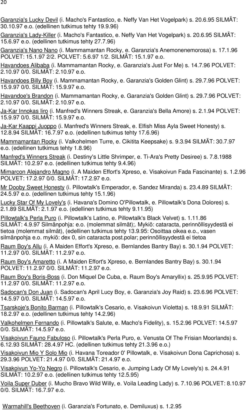 Mammamantan Rocky, e. Garanzia's Just For Me) s. 14.7.96 POLVET: 2.10.97 0/0. SILMÄT: 2.10.97 e.o. Havandoes Billy Boy (i. Mammamantan Rocky, e. Garanzia's Golden Glint) s. 29.7.96 POLVET: 15.9.97 0/0. SILMÄT: 15.