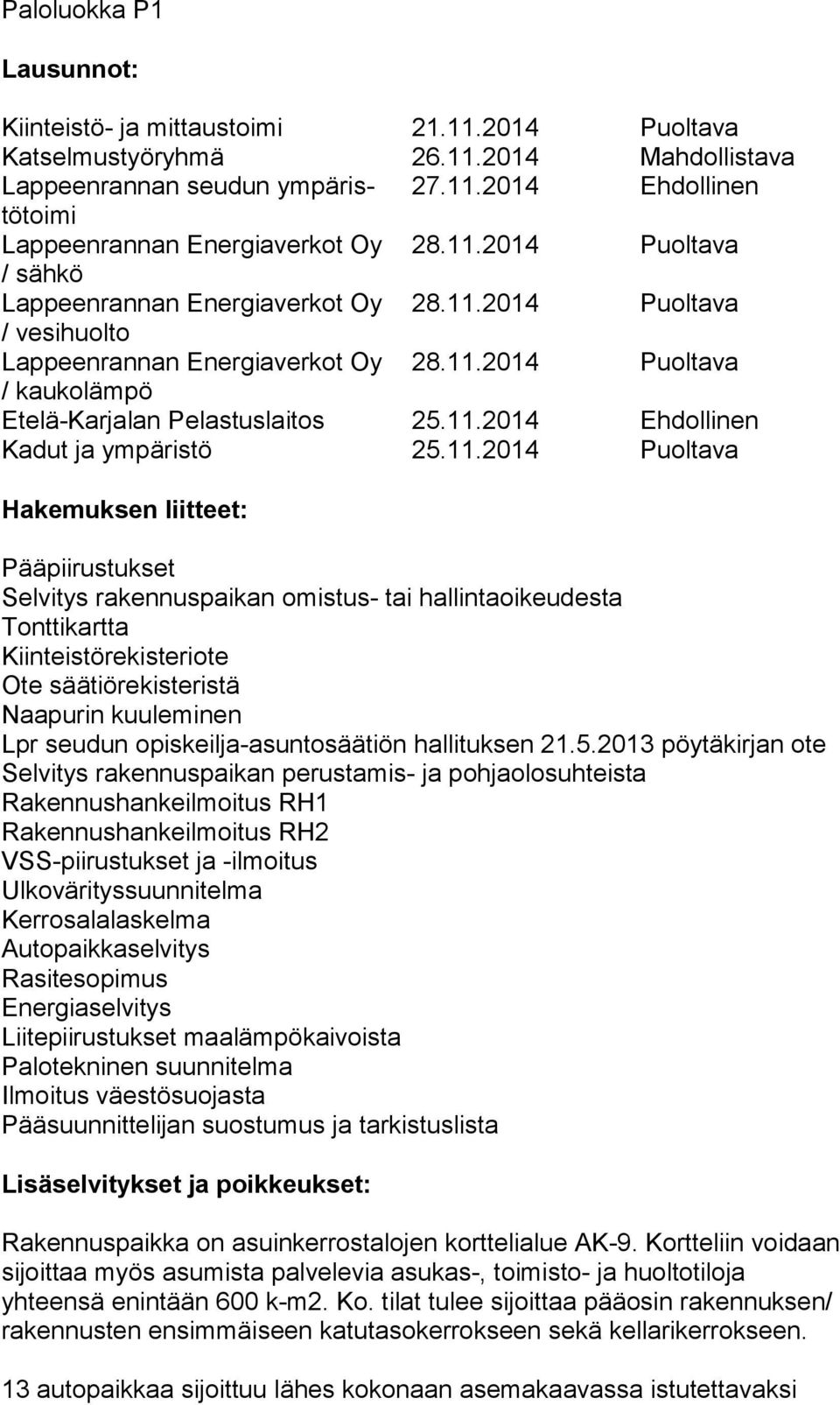 11.2014 Puoltava Hakemuksen liitteet: Pääpiirustukset Selvitys rakennuspaikan omistus- tai hallintaoikeudesta Tonttikartta Kiinteistörekisteriote Ote säätiörekisteristä Naapurin kuuleminen Lpr seudun