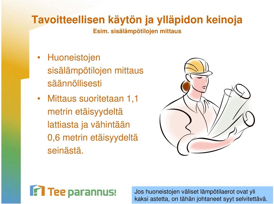 Mittaus suoritetaan 1,1 metrin etäisyydeltä lattiasta ja vähintään 0,6 metrin