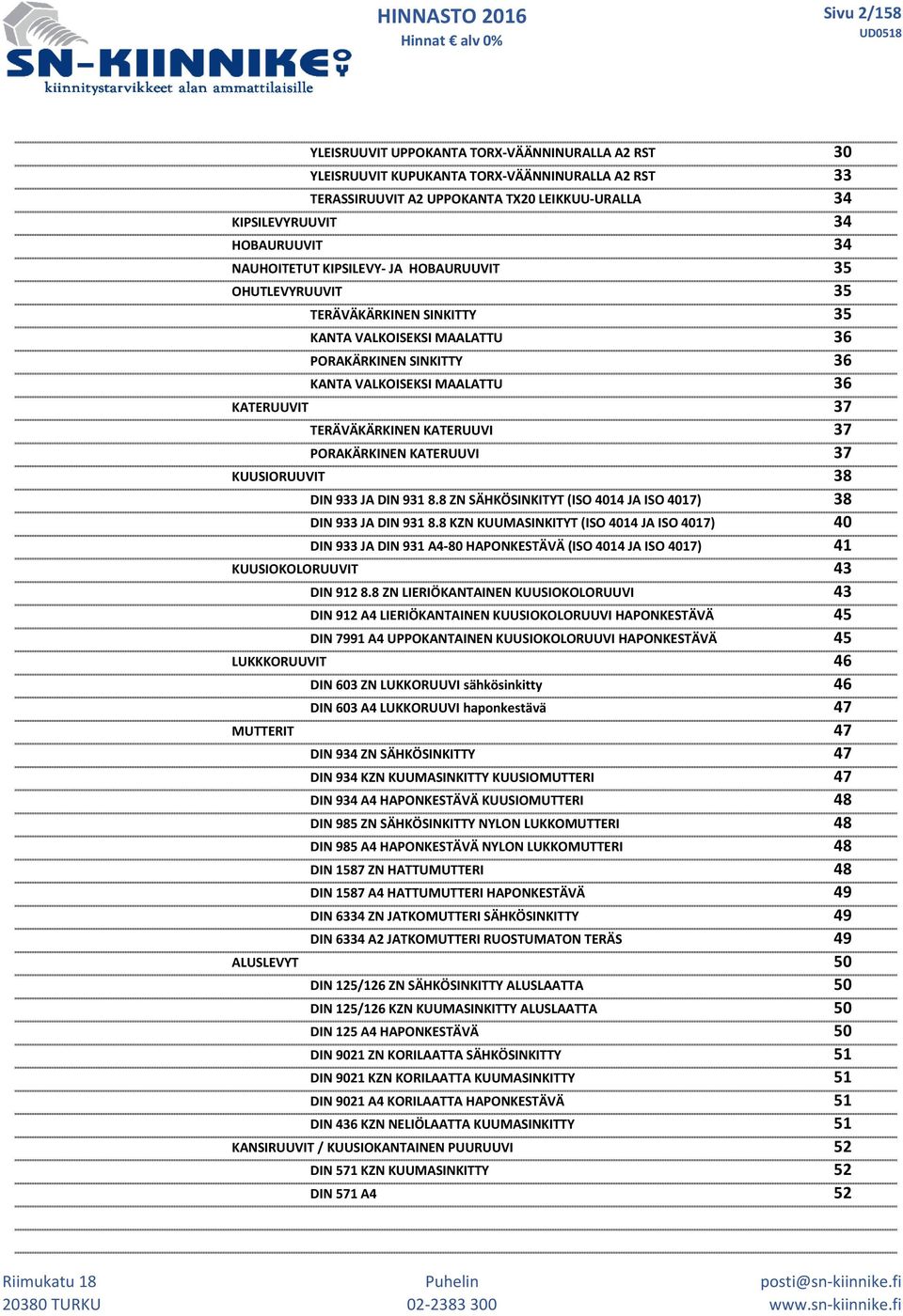 KATERUUVI 37 PORAKÄRKINEN KATERUUVI 37 KUUSIORUUVIT 38 DIN 933 JA DIN 931 8.8 ZN SÄHKÖSINKITYT (ISO 4014 JA ISO 4017) 38 DIN 933 JA DIN 931 8.