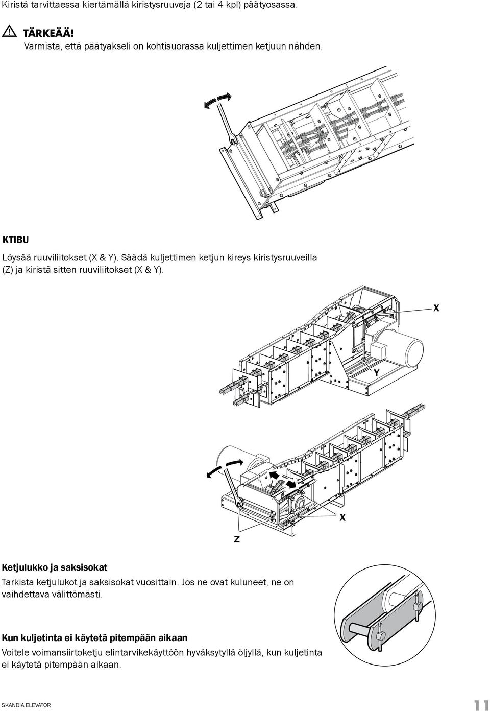 Säädä kuljettimen ketjun kireys kiristysruuveilla (Z) ja kiristä sitten ruuviliitokset (X & Y).