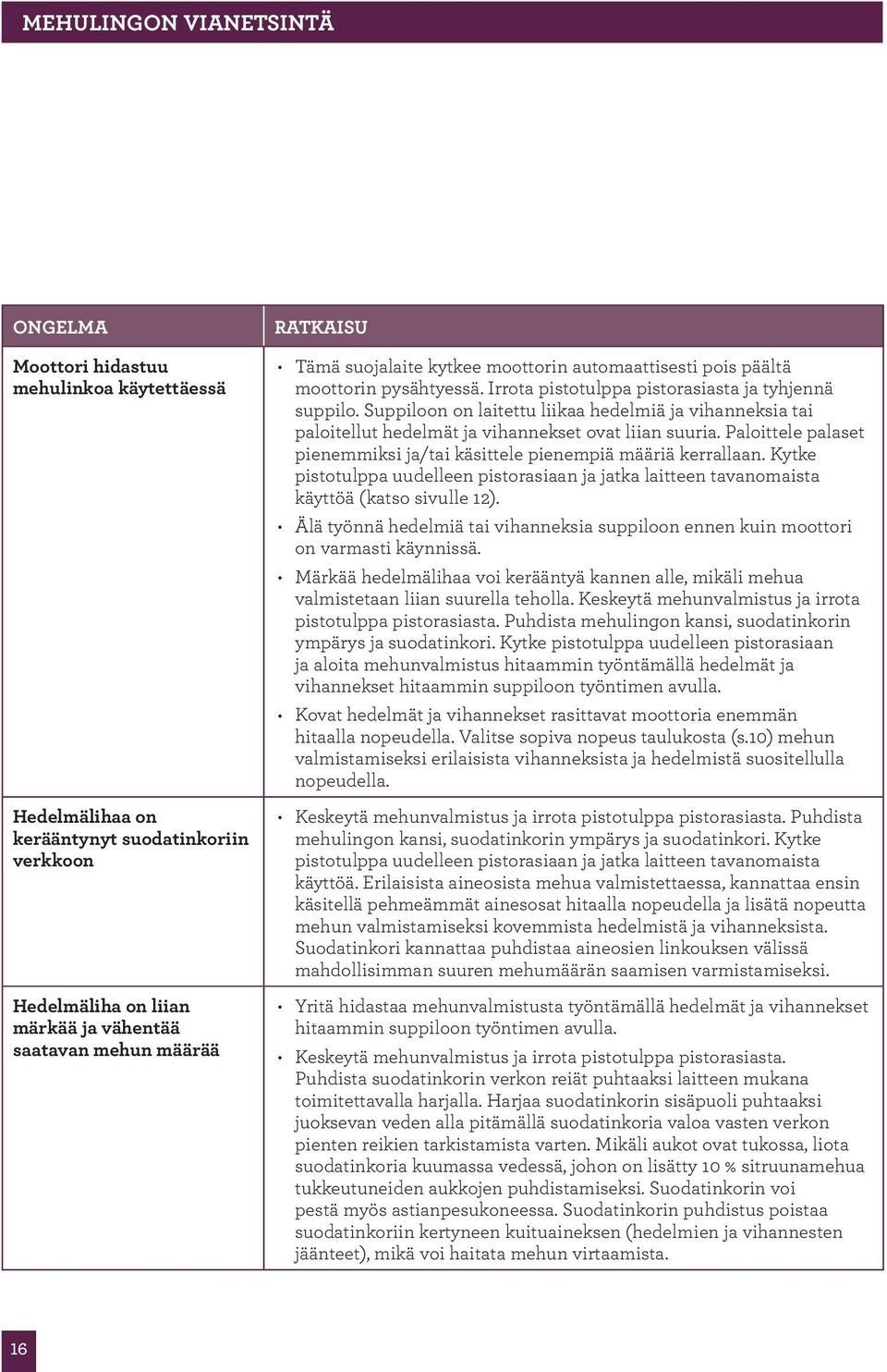 Suppiloon on laitettu liikaa hedelmiä ja vihanneksia tai paloitellut hedelmät ja vihannekset ovat liian suuria. Paloittele palaset pienemmiksi ja/tai käsittele pienempiä määriä kerrallaan.