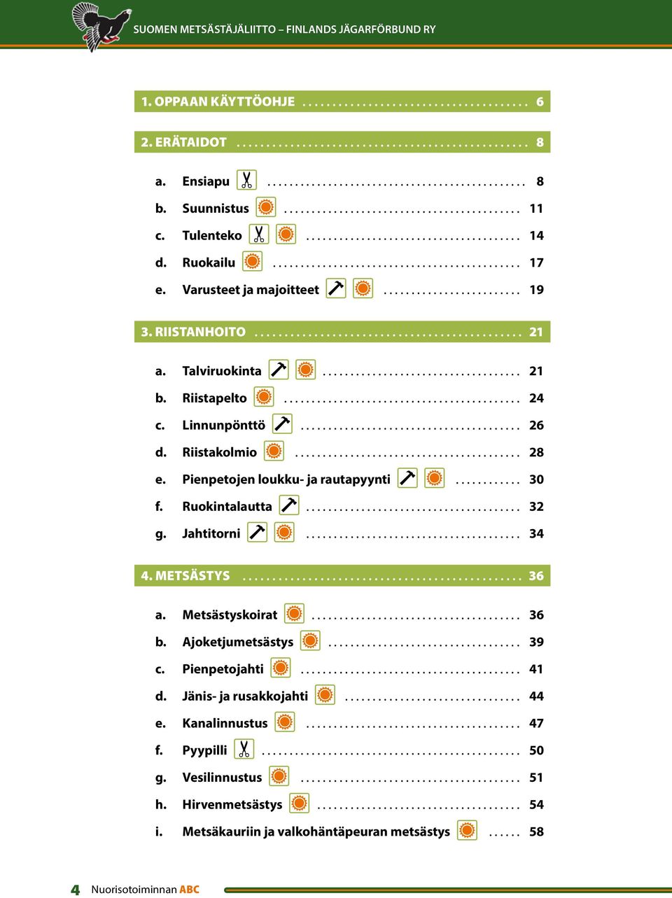 Pienpetojen loukku- ja rautapyynti... 0 f. Ruokintalautta... g. Jahtitorni.... METSÄSTYS... 6 a. Metsästyskoirat... 6 b. Ajoketjumetsästys... 9 c.
