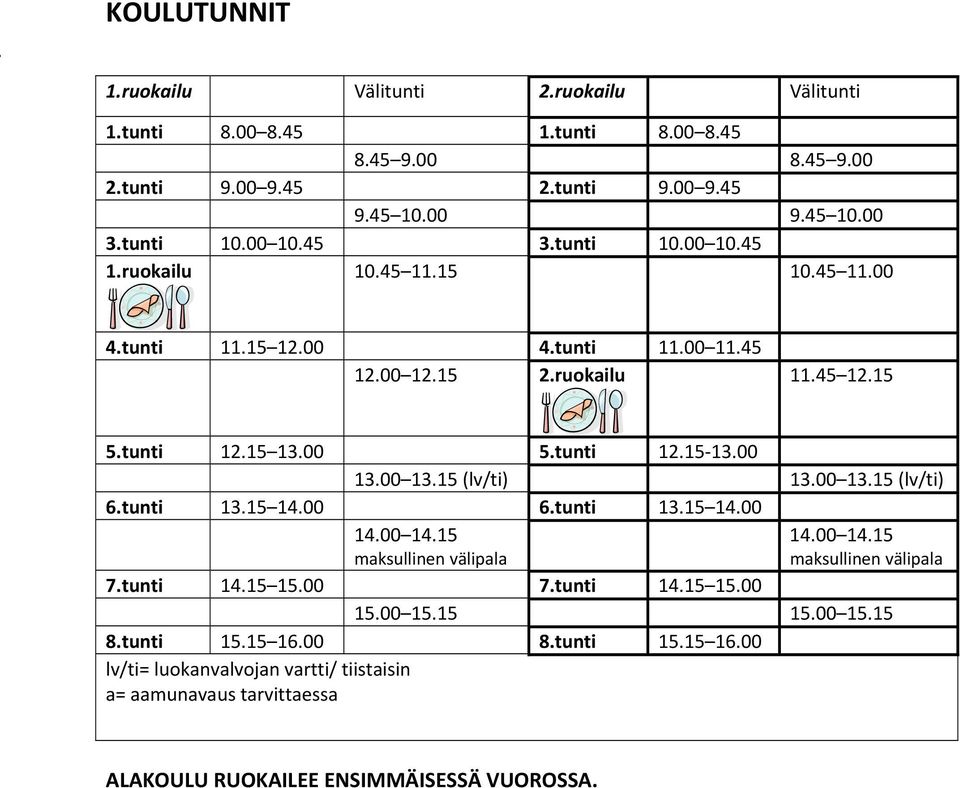 00 13.15 (lv/ti) 13.00 13.15 (lv/ti) 6.tunti 13.15 14.00 6.tunti 13.15 14.00 14.00 14.15 maksullinen välipala 14.00 14.15 maksullinen välipala 7.tunti 14.15 15.00 7.tunti 14.15 15.00 15.