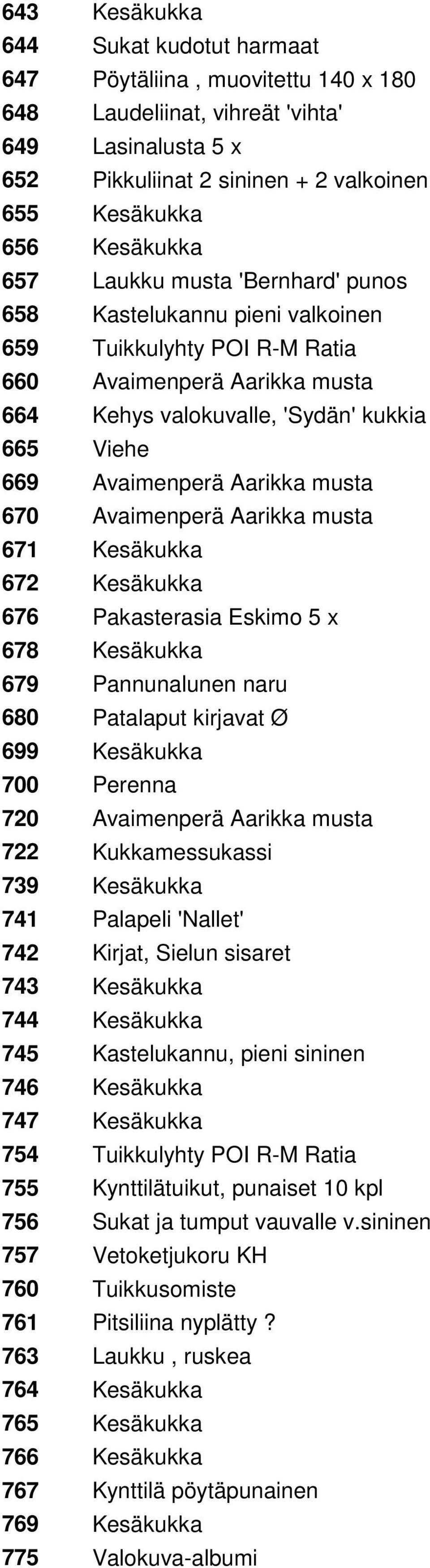 musta 670 Avaimenperä Aarikka musta 671 Kesäkukka 672 Kesäkukka 676 Pakasterasia Eskimo 5 x 678 Kesäkukka 679 Pannunalunen naru 680 Patalaput kirjavat Ø 699 Kesäkukka 700 Perenna 720 Avaimenperä