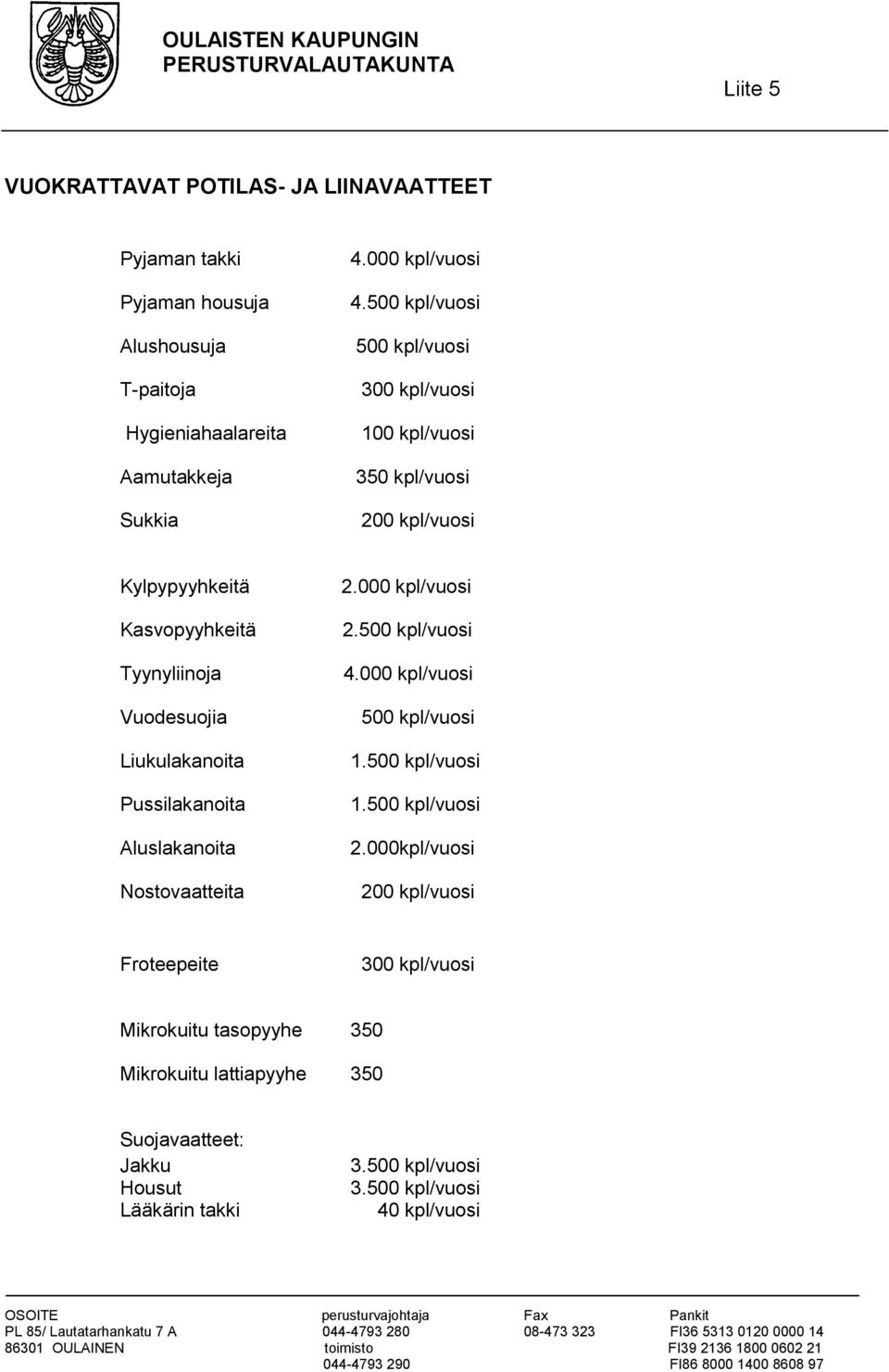 Pussilakanoita Aluslakanoita Nostovaatteita 2.000 kpl/vuosi 2.500 kpl/vuosi 4.000 kpl/vuosi 500 kpl/vuosi 1.500 kpl/vuosi 1.500 kpl/vuosi 2.
