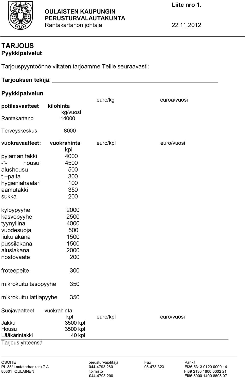Terveyskeskus 8000 euro/kg euroa/vuosi vuokravaatteet: vuokrahinta euro/kpl euro/vuosi kpl pyjaman takki 4000 - - housu 4500 alushousu 500 t paita 300 hygieniahaalari 100 aamutakki 350