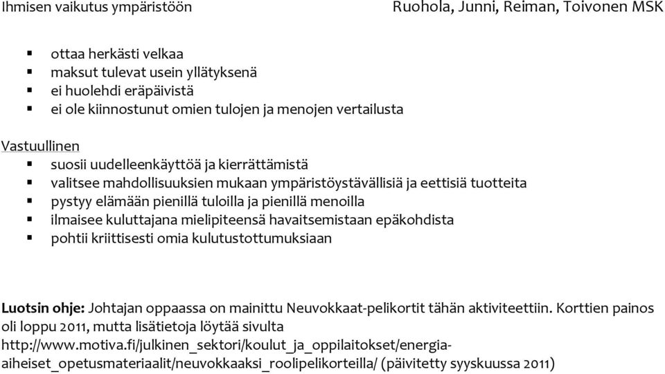 havaitsemistaan epäkohdista pohtii kriittisesti omia kulutustottumuksiaan Luotsin ohje: Johtajan oppaassa on mainittu Neuvokkaat-pelikortit tähän aktiviteettiin.