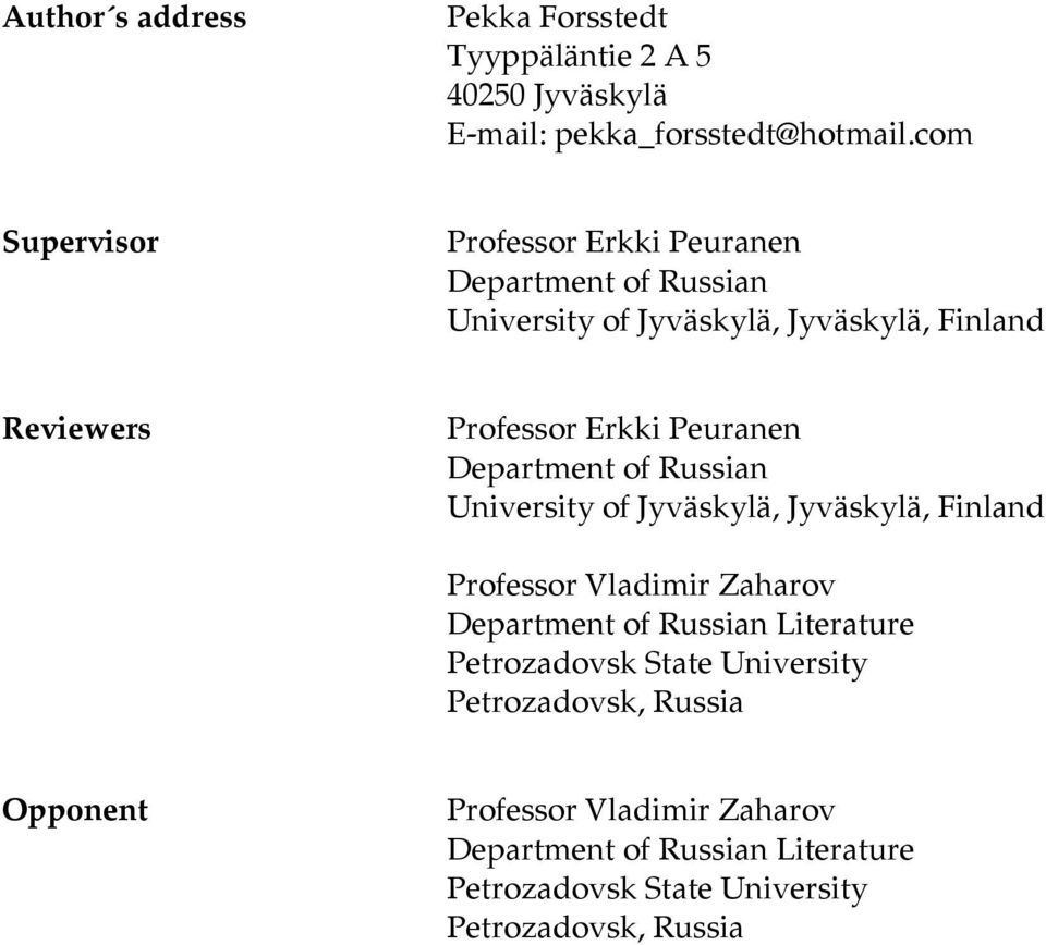 Peuranen Department of Russian University of Jyväskylä, Jyväskylä, Finland Professor Vladimir Zaharov Department of Russian Literature