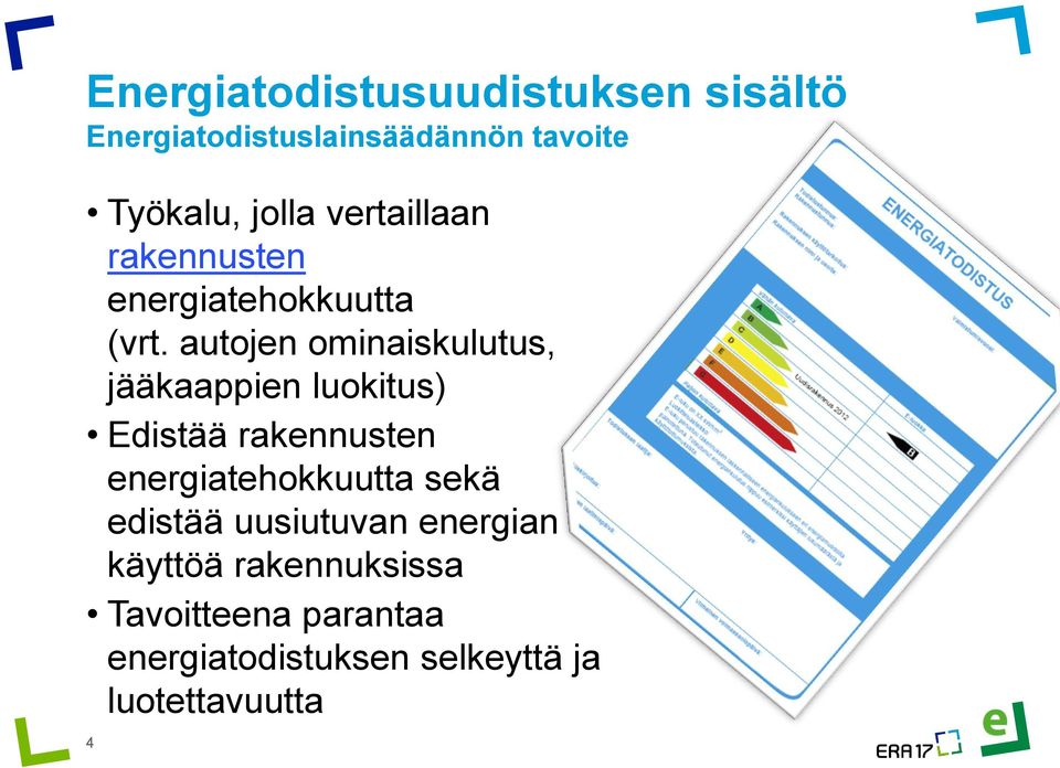 autojen ominaiskulutus, jääkaappien luokitus) Edistää rakennusten