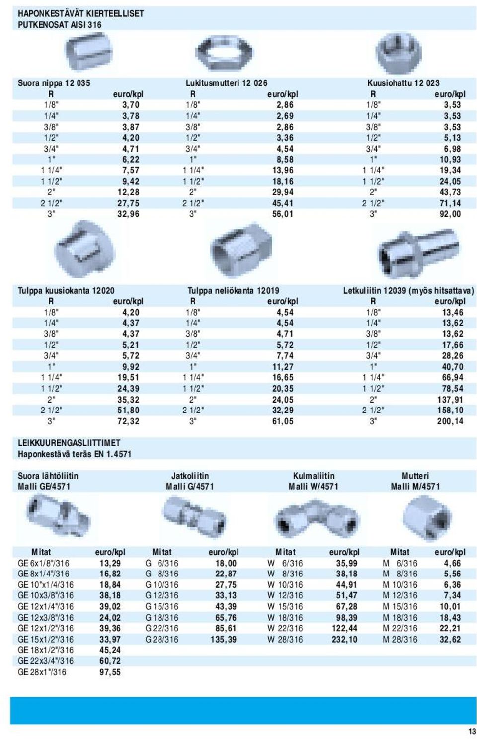 12,28 2" 29,94 2" 43,73 2 1/2" 27,75 2 1/2" 45,41 2 1/2" 71,14 3" 32,96 3" 56,01 3" 92,00 Tulppa kuusiokanta 12020 Tulppa neliökanta 12019 Letkuliitin 12039 (myös hitsattava) R euro/kpl R euro/kpl R