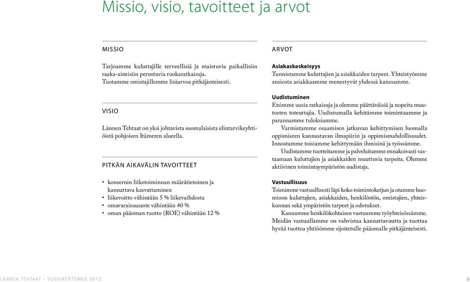 PITKÄN AIKAVÄLIN TAVOITTEET konsernin liiketoiminnan määrätietoinen ja kannattava kasvattaminen liikevoitto vähintään 5 % liikevaihdosta omavaraisuusaste vähintään 40 % oman pääoman tuotto (ROE)