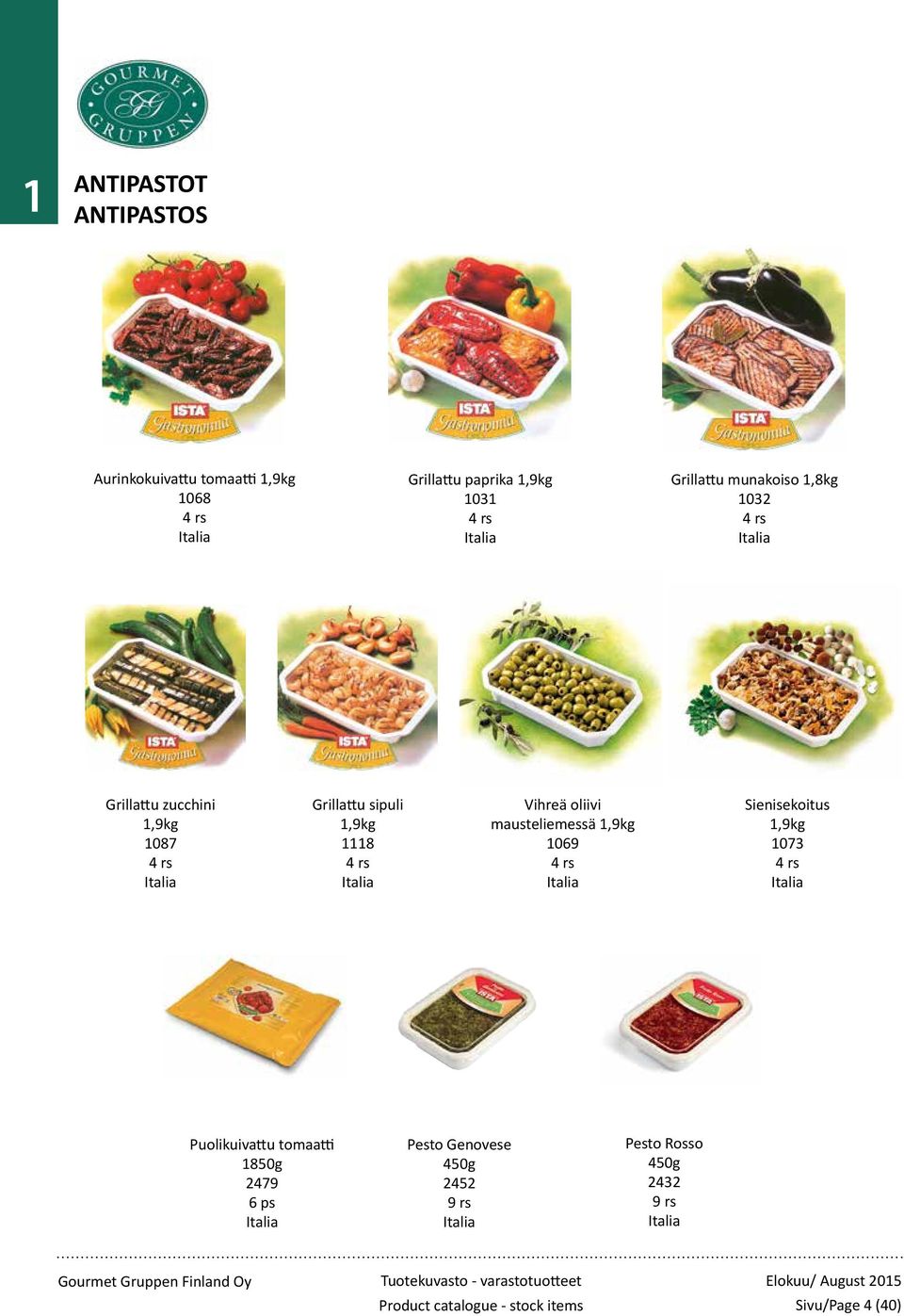 Sienisekoitus 1,9kg 1073 4 rs Puolikuivattu tomaatti 1850g 2479 6 ps Pesto Genovese 450g 2452 9 rs Pesto Rosso 450g 2432 9