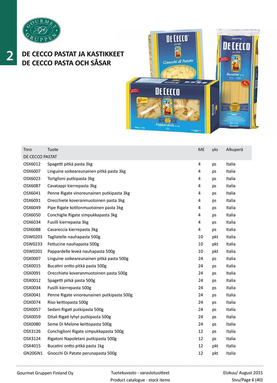 ps OSX6050 Conchiglie Rigate simpukkapasta 3kg 4 ps OSX6034 Fusilli kierrepasta 3kg 4 ps OSX6088 Casareccia kierrepasta 3kg 4 ps OSW0203 Tagliatelle nauhapasta 500g 10 pkt OSW0233 Fettucine