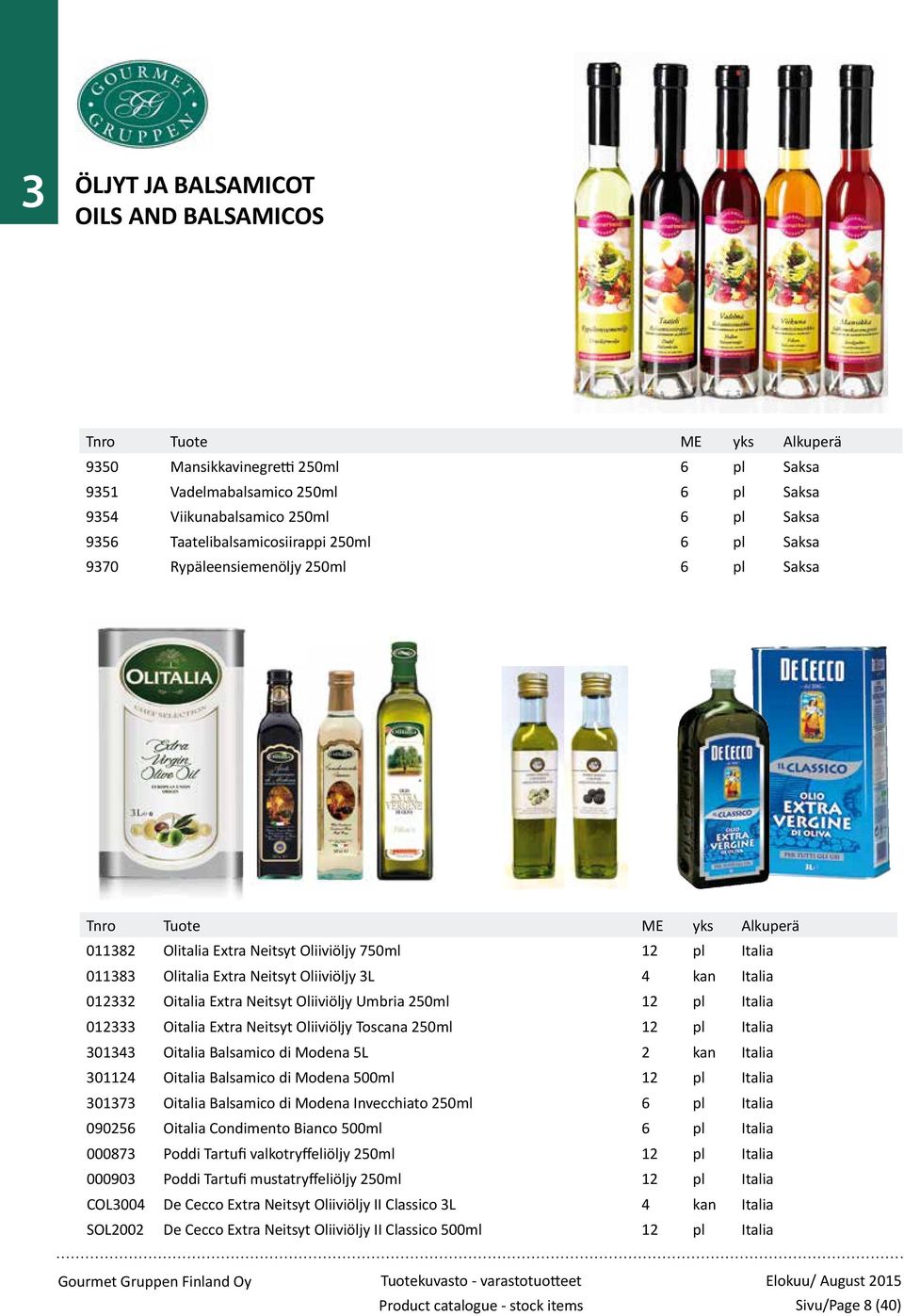 250ml 12 pl 012333 Oitalia Extra Neitsyt Oliiviöljy Toscana 250ml 12 pl 301343 Oitalia Balsamico di Modena 5L 2 kan 301124 Oitalia Balsamico di Modena 500ml 12 pl 301373 Oitalia Balsamico di Modena