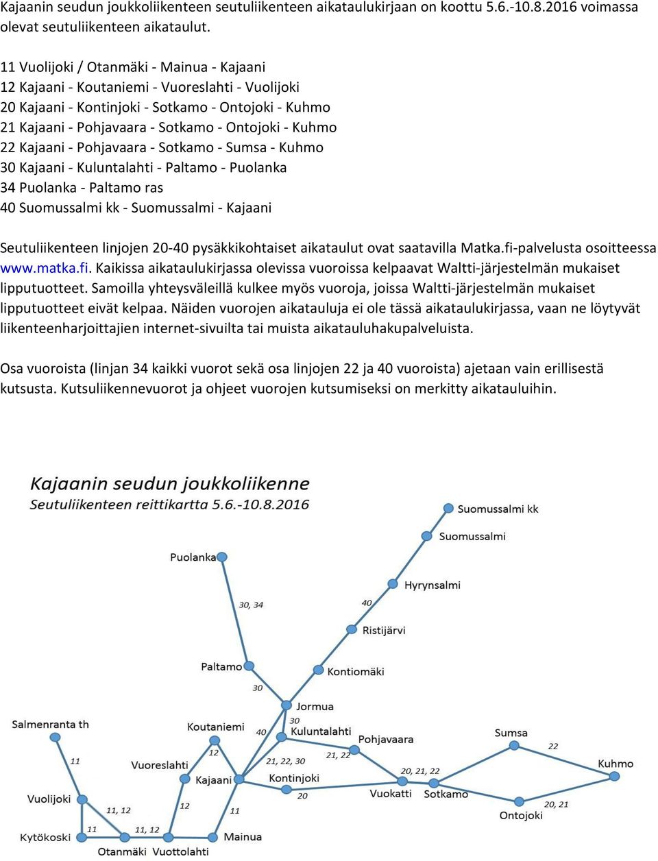 22 Kajaani - Pohjavaara - Sotkamo - Sumsa - Kuhmo 30 Kajaani - Kuluntalahti - Paltamo - Puolanka 34 Puolanka - Paltamo ras 40 Suomussalmi kk - Suomussalmi - Kajaani Seutuliikenteen linjojen 20-40