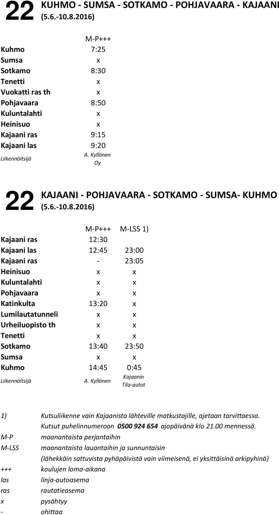 Lumilautatunneli Urheiluopisto th Tenetti Sotkamo 13:40 23:50 Sumsa Kuhmo 14:45 0:45 A. Kyllönen 1) Kutsuliikenne vain Kajaanista lähteville matkustajille, ajetaan tarvittaessa.