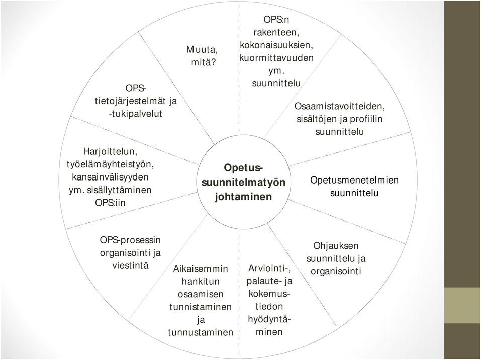 suunnittelu Opetussuunnitelmatyön johtaminen Osaamistavoitteiden, sisältöjen ja profiilin suunnittelu Opetusmenetelmien