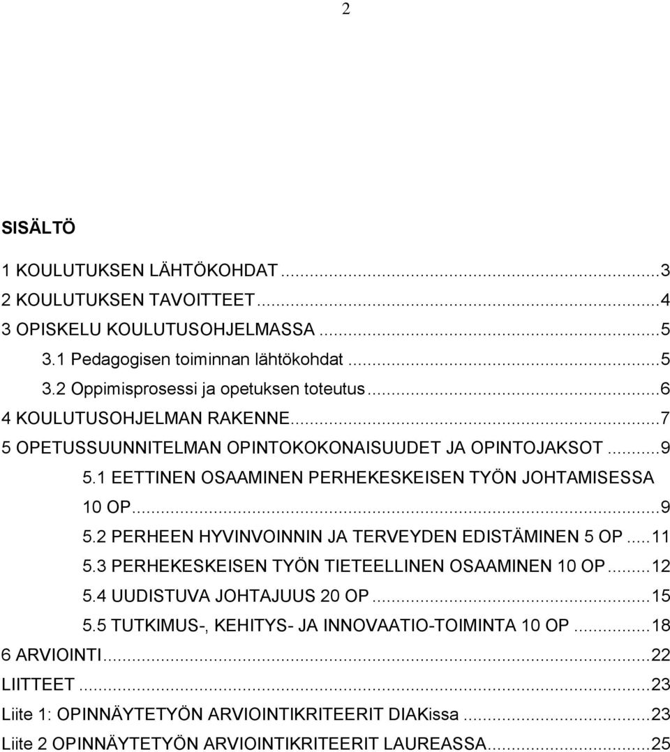 .. 11 5.3 PERHEKESKEISEN TYÖN TIETEELLINEN OSAAMINEN 10 OP... 12 5.4 UUDISTUVA JOHTAJUUS 20 OP... 15 5.5 TUTKIMUS-, KEHITYS- JA INNOVAATIO-TOIMINTA 10 OP... 18 6 ARVIOINTI.