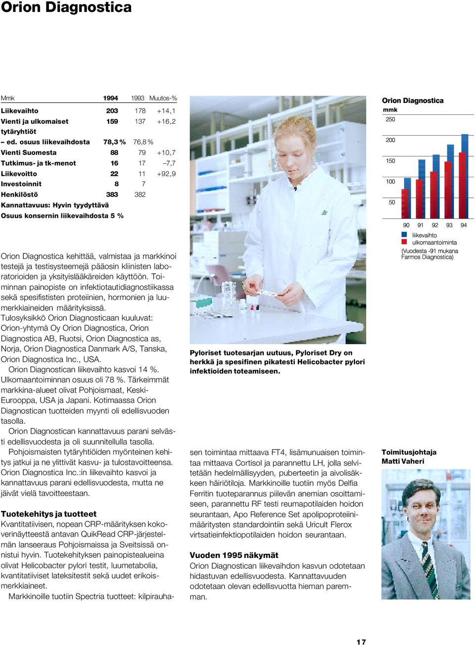 konsernin liikevaihdosta 5 % Orion Diagnostica kehittää, valmistaa ja markkinoi testejä ja testisysteemejä pääosin kliinisten laboratorioiden ja yksityislääkäreiden käyttöön.