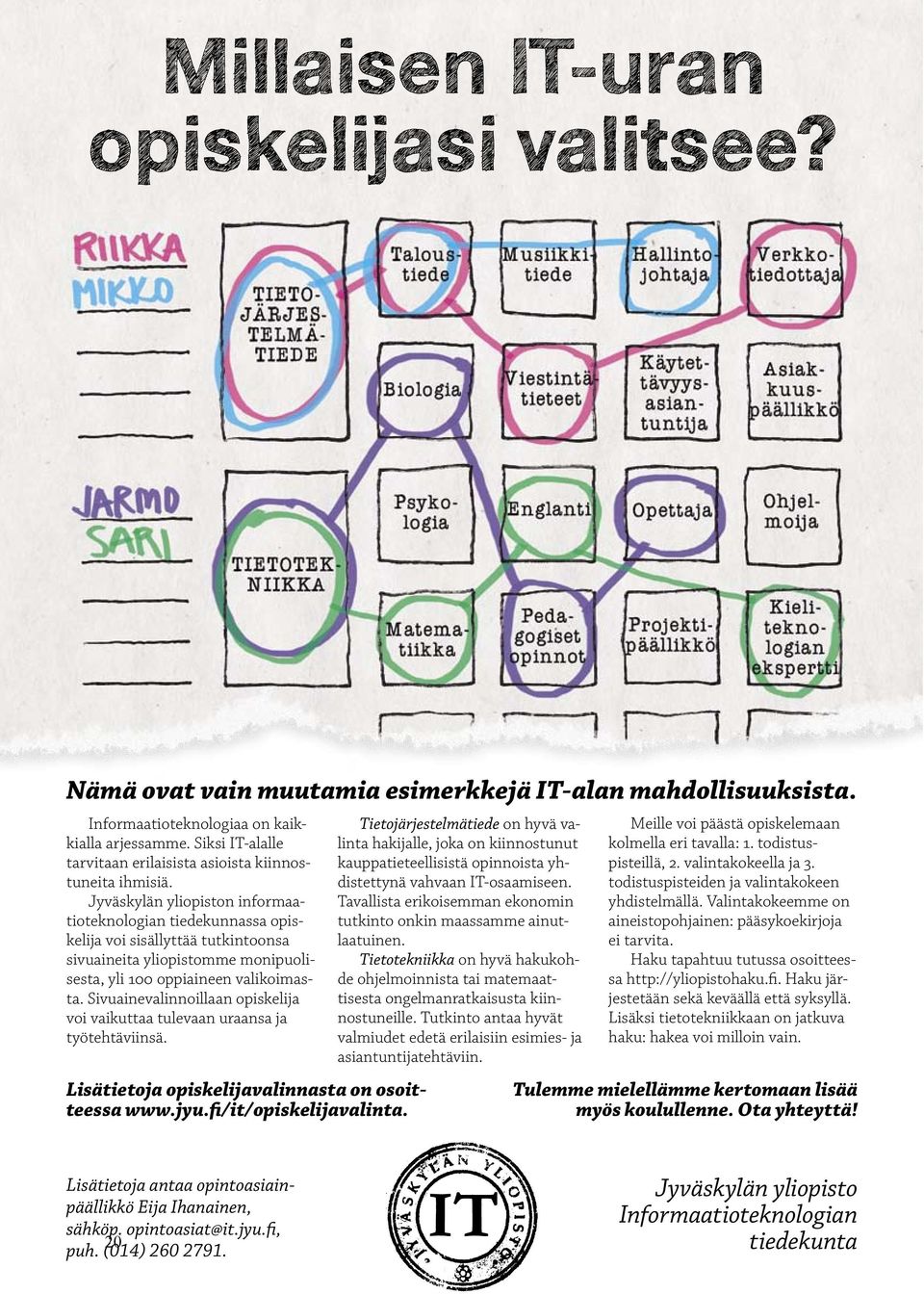 Jyväskylän yliopiston informaatioteknologian tiedekunnassa opiskelija voi sisällyttää tutkintoonsa sivuaineita yliopistomme monipuolisesta, yli 100 oppiaineen valikoimasta.