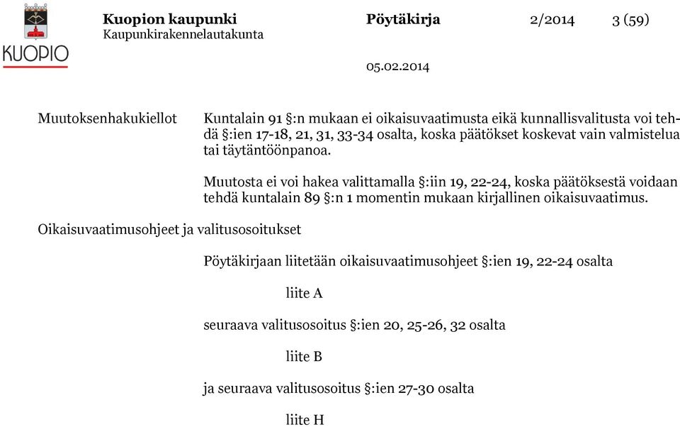 Oikaisuvaatimusohjeet ja valitusosoitukset Muutosta ei voi hakea valittamalla :iin 19, 22-24, koska päätöksestä voidaan tehdä kuntalain 89 :n 1 momentin