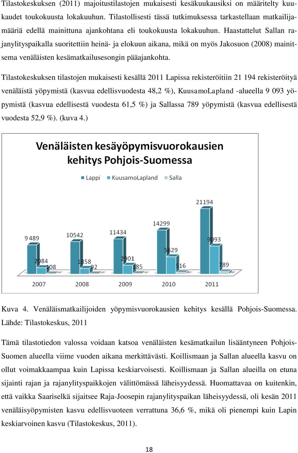 Haastattelut Sallan rajanylityspaikalla suoritettiin heinä- ja elokuun aikana, mikä on myös Jakosuon (2008) mainitsema venäläisten kesämatkailusesongin pääajankohta.