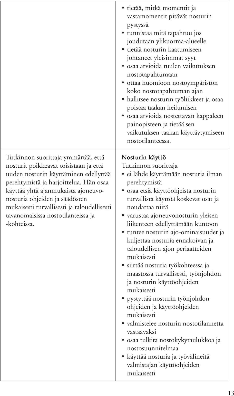 ja tietää sen vaikutuksen taakan käyttäytymiseen nostotilanteessa. ymmärtää, että nosturit poikkeavat toisistaan ja että uuden nosturin käyttäminen edellyttää perehtymistä ja harjoittelua.