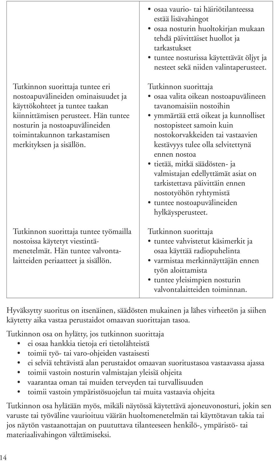 Hän tuntee nosturin ja nostoapuvälineiden toimintakunnon tarkastamisen merkityksen ja sisällön. tuntee työmailla nostoissa käytetyt viestintämenetelmät.