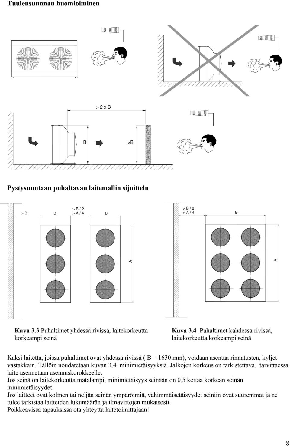 4 Puhaltimet kahdessa rivissä, laitekorkeutta korkeampi seinä Kaksi laitetta, joissa puhaltimet ovat yhdessä rivissä ( B = 1630 mm), voidaan asentaa rinnatusten, kyljet vastakkain.