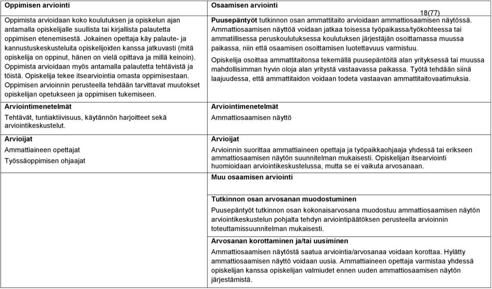 Oppimista arvioidaan myös antamalla palautetta tehtävistä ja töistä. Opiskelija tekee itsearviointia omasta oppimisestaan.