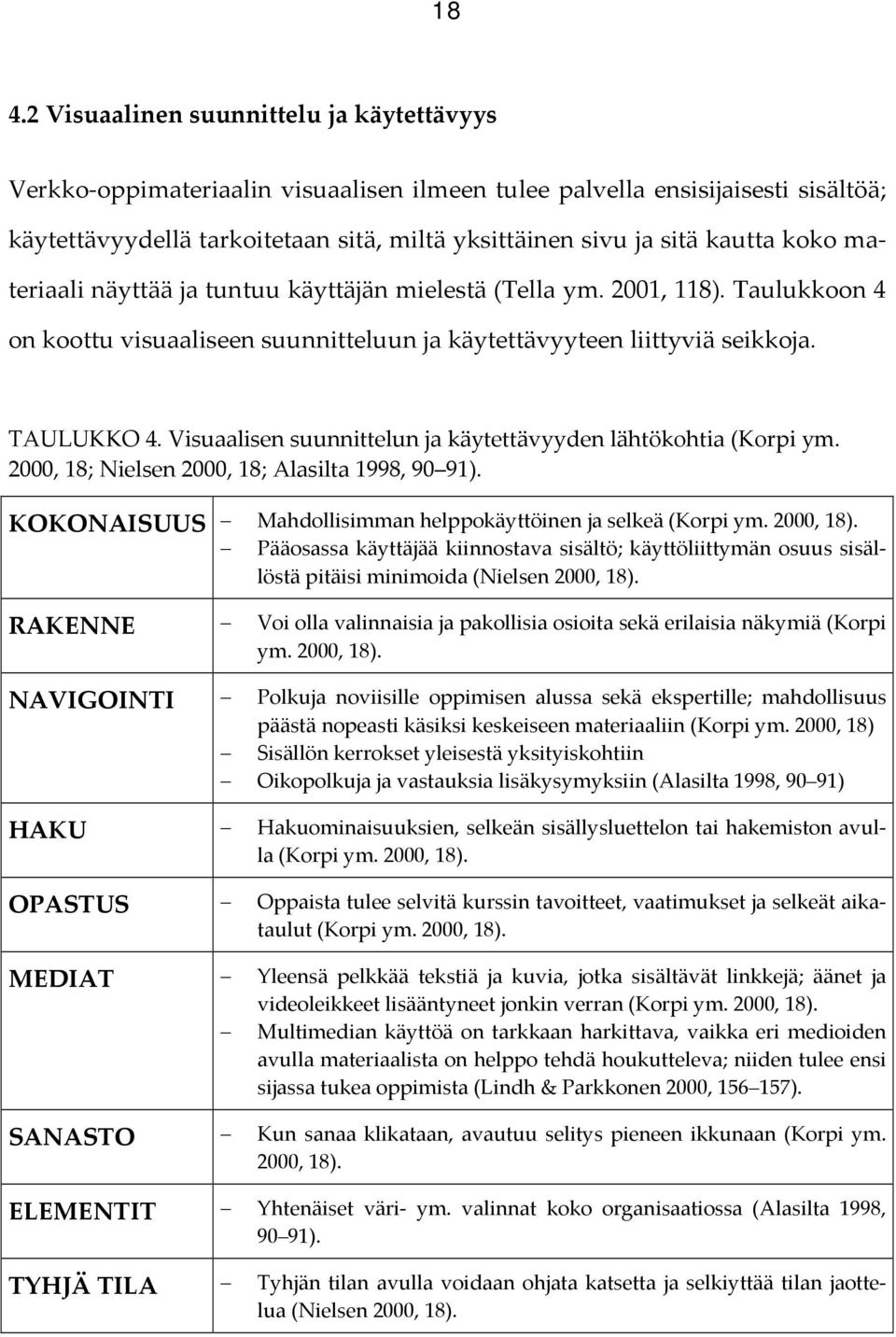 Visuaalisen suunnittelun ja käytettävyyden lähtökohtia (Korpi ym. 2000, 18; Nielsen 2000, 18; Alasilta 1998, 90 91). KOKONAISUUS Mahdollisimman helppokäyttöinen ja selkeä (Korpi ym. 2000, 18).