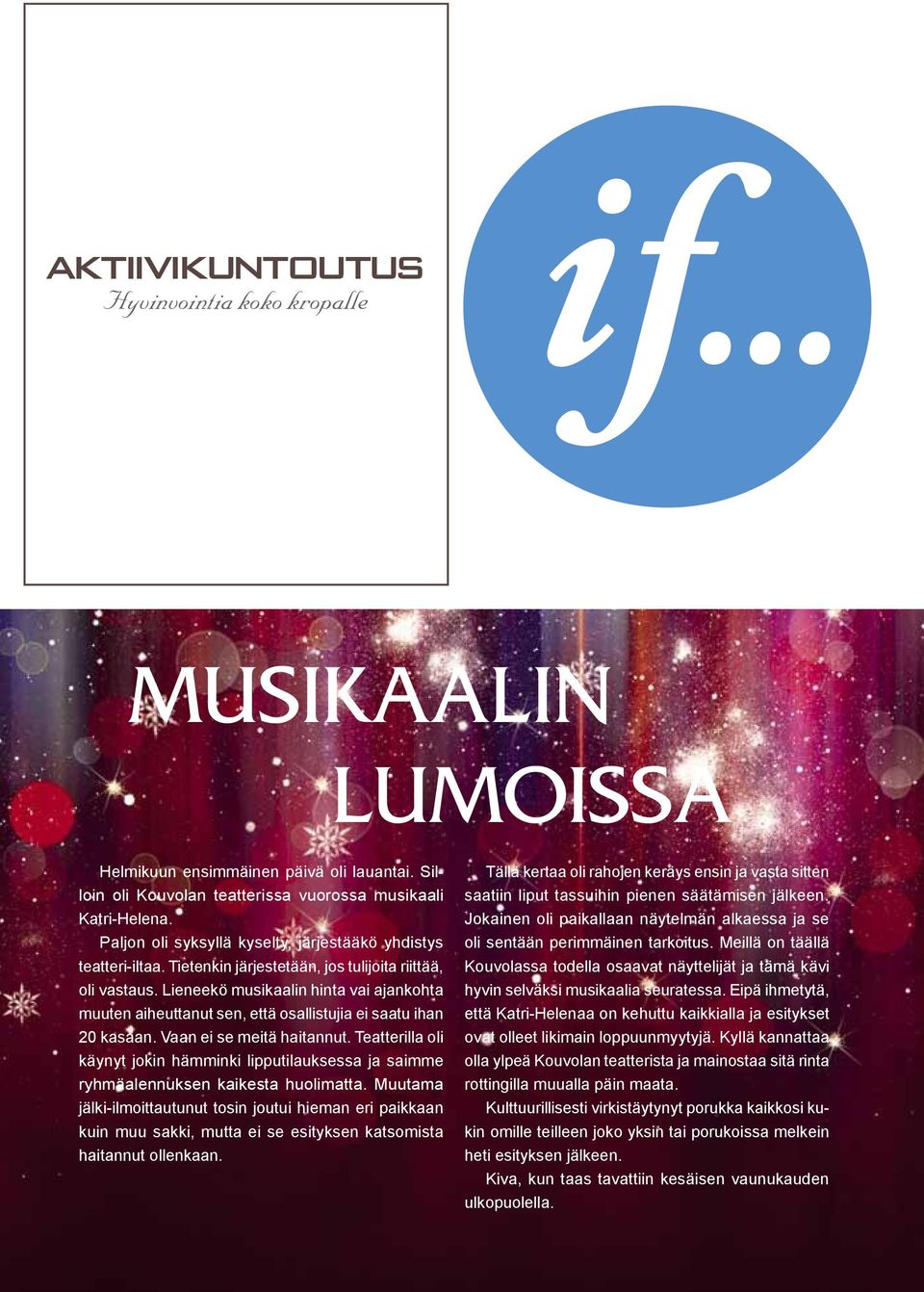 Lieneekö musikaalin hinta vai ajankohta muuten aiheuttanut sen, että osallistujia ei saatu ihan 20 kasaan. Vaan ei se meitä haitannut.