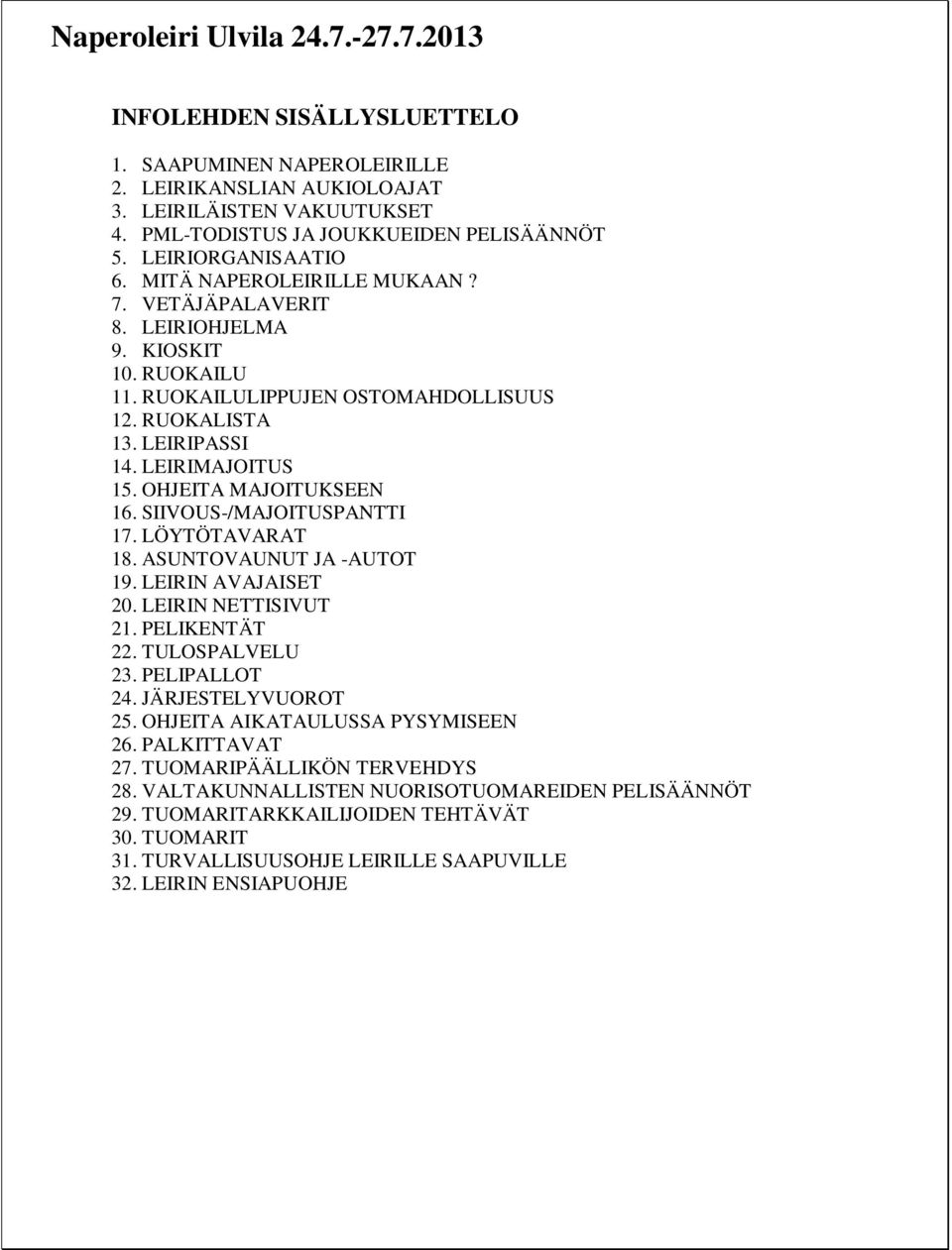 OHJEITA MAJOITUKSEEN 16. SIIVOUS-/MAJOITUSPANTTI 17. LÖYTÖTAVARAT 18. ASUNTOVAUNUT JA -AUTOT 19. LEIRIN AVAJAISET 20. LEIRIN NETTISIVUT 21. PELIKENTÄT 22. TULOSPALVELU 23. PELIPALLOT 24.