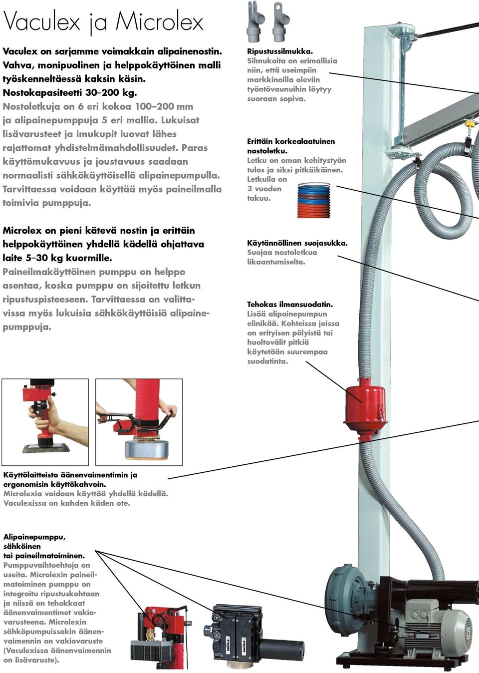 Paras käyttömukavuus ja joustavuus saadaan normaalisti sähkökäyttöisellä alipainepumpulla. Tarvittaessa voidaan käyttää myös paineilmalla toimivia pumppuja. Ripustussilmukka.