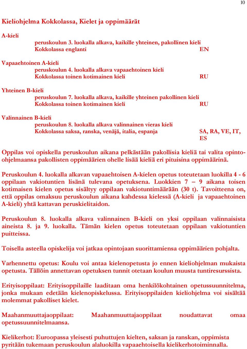 luokalla alkava, kaikille yhteinen pakollinen kieli Kokkolassa toinen kotimainen kieli RU Valinnainen B-kieli peruskoulun 8.