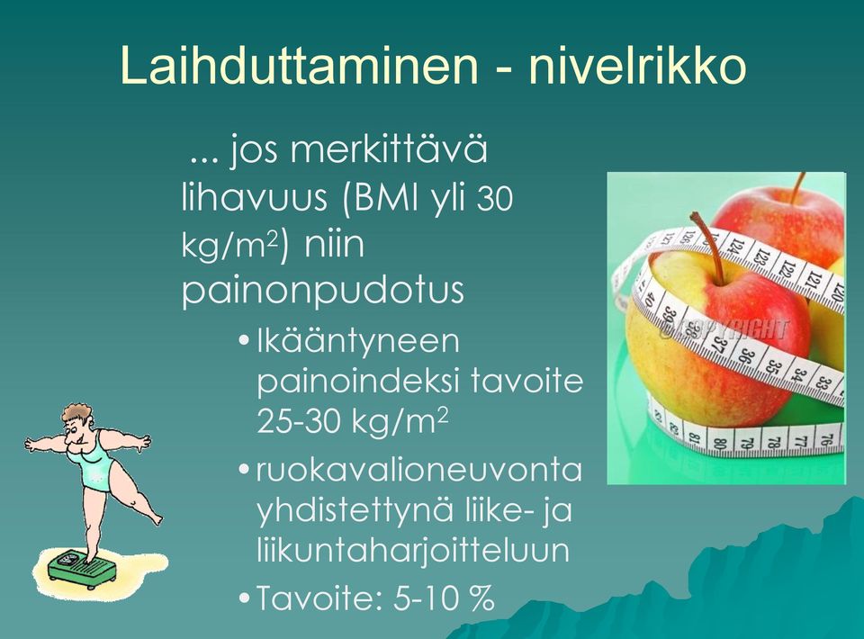 painonpudotus Ikääntyneen painoindeksi tavoite 25-30