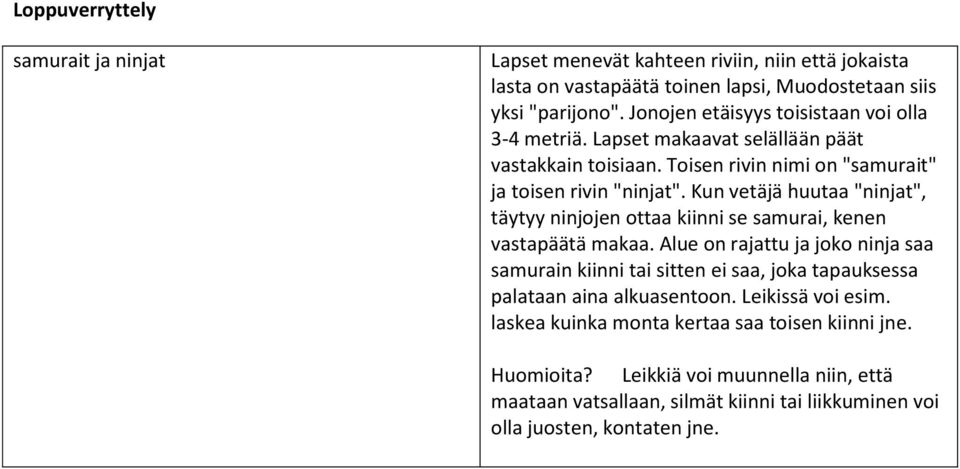 Kun vetäjä huutaa "ninjat", täytyy ninjojen ottaa kiinni se samurai, kenen vastapäätä makaa.