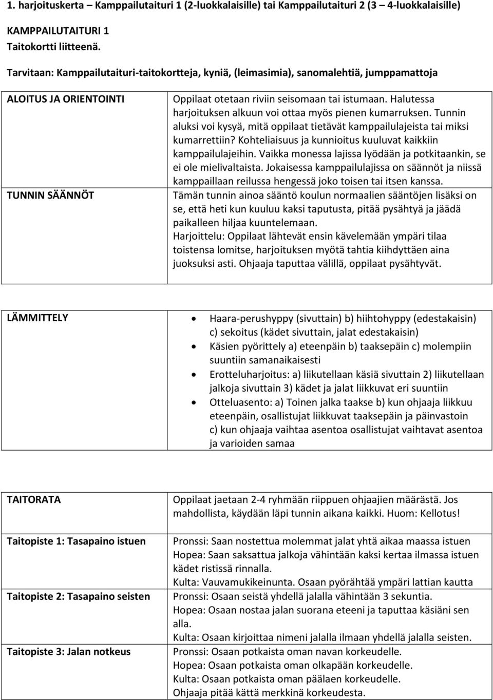 Halutessa harjoituksen alkuun voi ottaa myös pienen kumarruksen. Tunnin aluksi voi kysyä, mitä oppilaat tietävät kamppailulajeista tai miksi kumarrettiin?