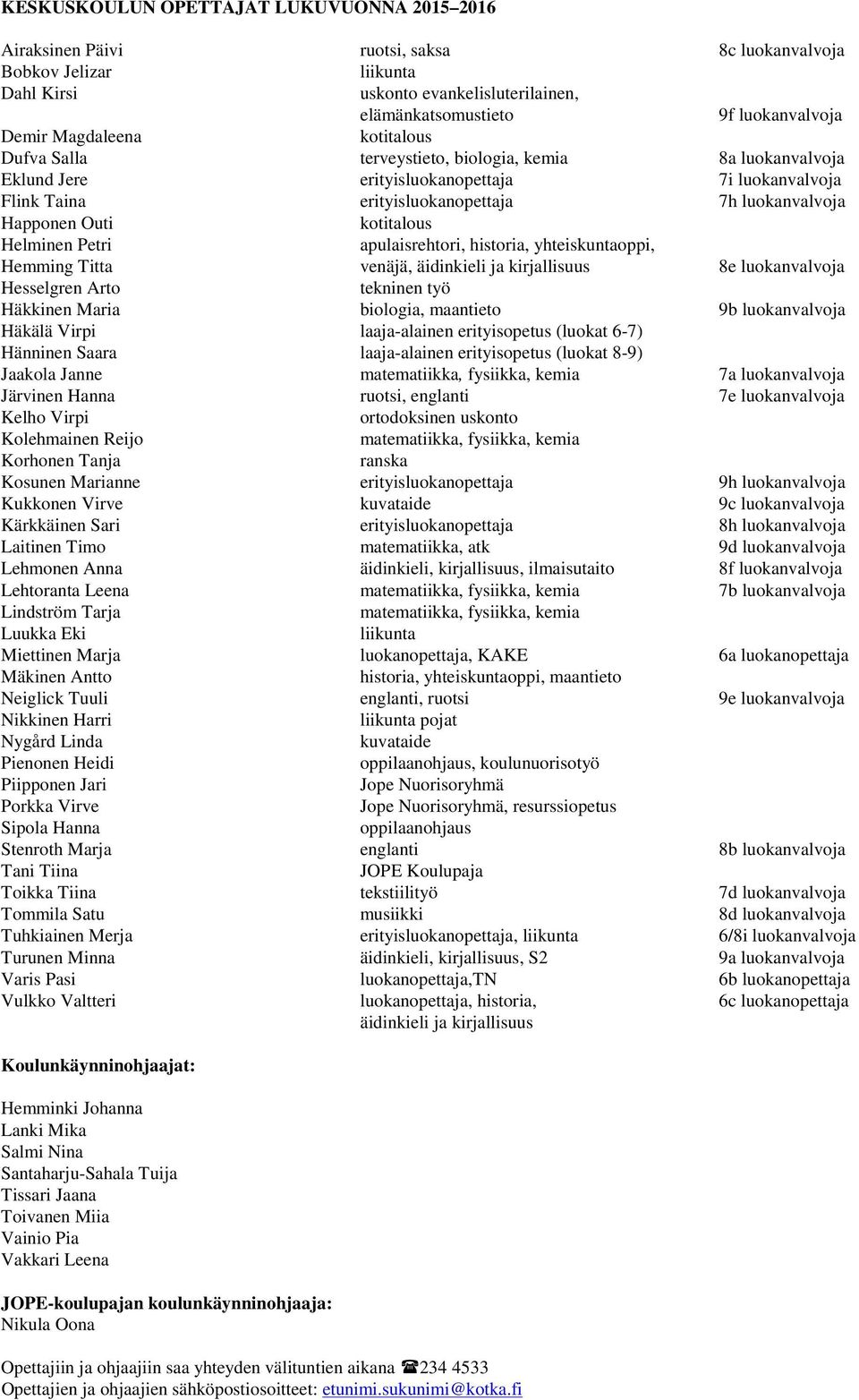 Outi kotitalous Helminen Petri apulaisrehtori, historia, yhteiskuntaoppi, Hemming Titta venäjä, äidinkieli ja kirjallisuus 8e luokanvalvoja Hesselgren Arto tekninen työ Häkkinen Maria biologia,