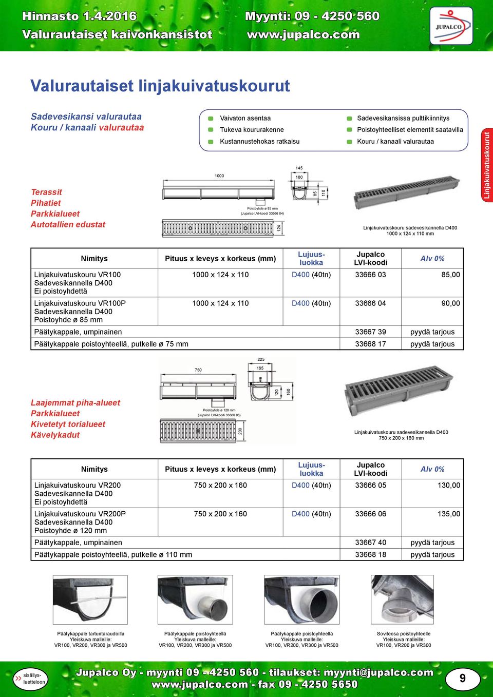 x 124 x 110 mm Linjakuivatuskourut Pituus x leveys x korkeus (mm) Linjakuivatuskouru VR100 1000 x 124 x 110 D400 (40tn) 33666 03 85,00 Sadevesikannella D400 Ei poistoyhdettä Linjakuivatuskouru VR100P